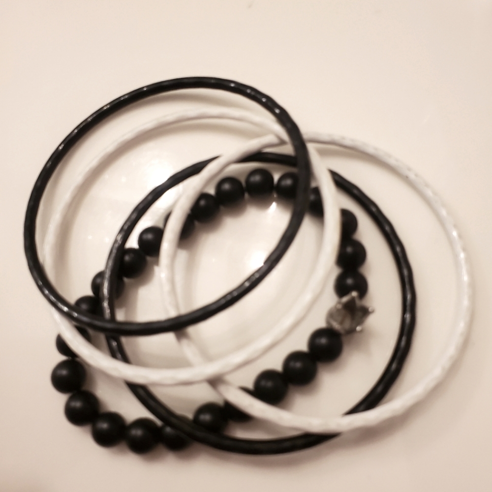 Distressed Black and White Bangle Bracelet Set with Crown Charm